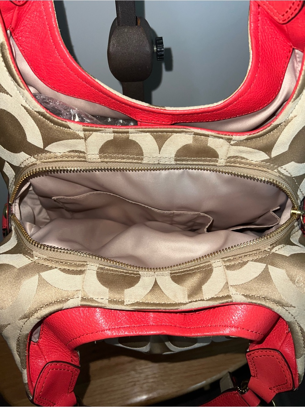 Coach Madison Op Art Maggie Hobo Bag – Khaki/Coral - Picture 8 of 14